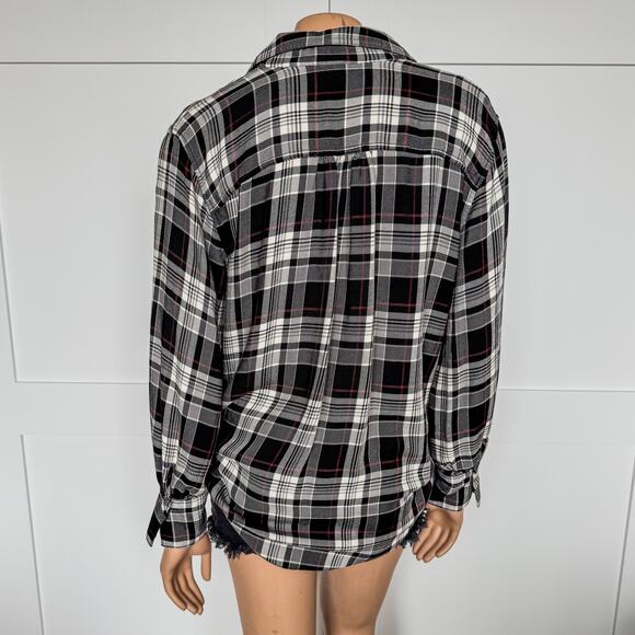 Chaps, Plaid Split Neck Relaxed Fit Henley Top, White/Black/Red, Women’s Large - Picture 6 of 7